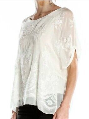 ANGELA MODA White Sheer  Silk Blend Floral Embroidered Shirt Size Medium